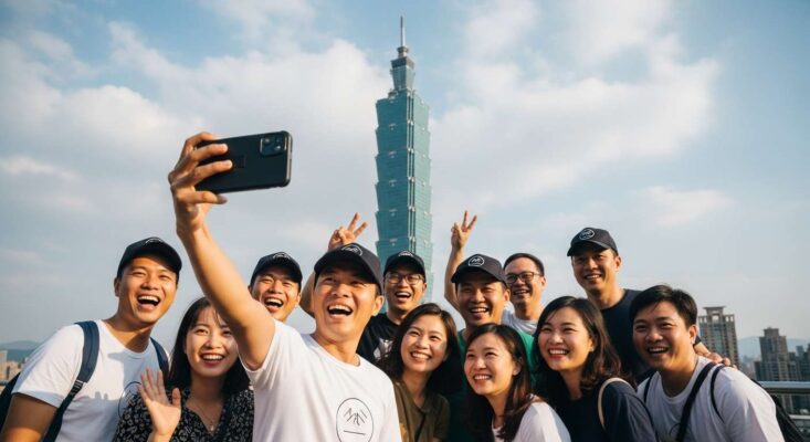 Đoàn khách du lịch Việt Nam từ Hà Nội vui vẻ chụp ảnh tại Đài Loan nhờ visa Quang Hồng.