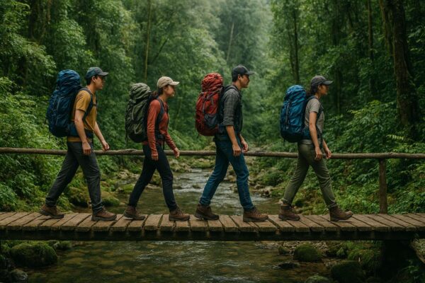 Một đoàn trekking đang đi qua cây cầu gỗ nhỏ bắc qua suối trong Vườn Quốc gia Hoàng Liên.
