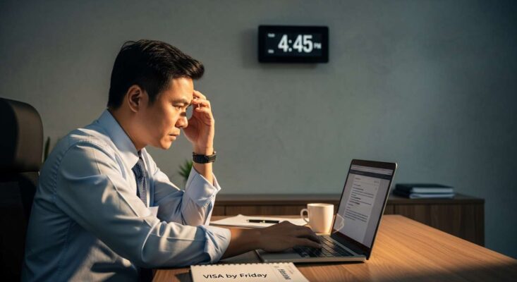 Dịch Vụ Làm Visa Hàn Quốc Khẩn Tại Hà Nội Uy Tín 2026 6 Doanh nhân (Anh Hoàng) tại Hà Nội lo lắng nhìn email mời họp khẩn cấp tại Seoul.