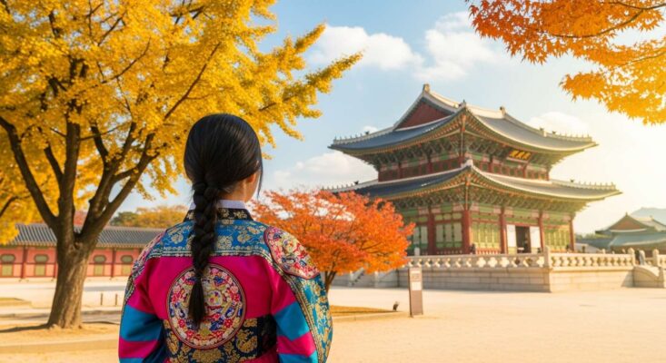 Dịch Vụ Visa Du Lịch Tự Túc Hàn Quốc Tại Hà Nội – Thủ Tục Đơn Giản, Tỷ Lệ Đậu Cao 4 Du khách Việt Nam mặc Hanbok đứng ngắm Cung điện Gyeongbokgung vào mùa thu lãng mạn.