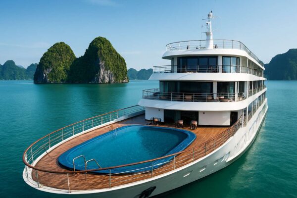Hình ảnh du thuyền 5 sao hiện đại tại Hạ Long, thể hiện sự sang trọng với bể bơi vô cực và tiện nghi cao cấp