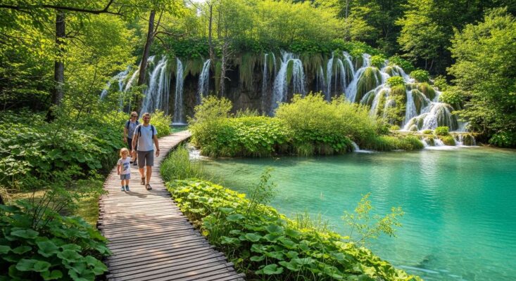 Top 10 Điểm Đến Châu Âu Tiết Kiệm Cho Gia Đình: Giấc Mơ Âu Lục Trong Tầm Tay 9 Gia đình đi bộ trên cầu gỗ, khám phá Vườn Quốc gia Plitvice, Croatia, với hồ nước xanh biếc và thác nước.