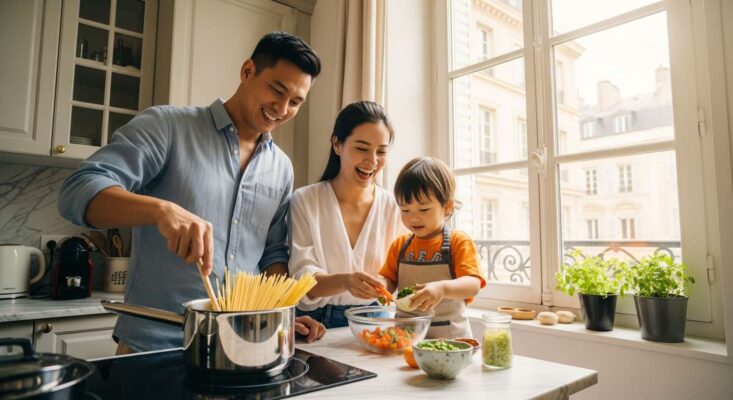 Gia đình Việt Nam đang vui vẻ nấu ăn trong bếp của một căn hộ thuê ở châu Âu.