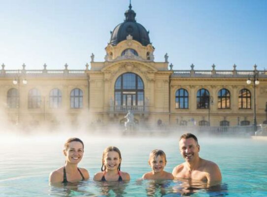 Một gia đình đang vui vẻ thư giãn trong hồ bơi nước nóng ngoài trời tại nhà tắm Szechenyi ở Budapest, Hungary.