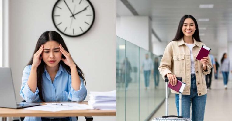 Dịch Vụ Visa Khẩn Đài Loan Uy Tín 3 Ngày Có Kết Quả Tại TP.HCM 2026 6 Hình ảnh so sánh một người lo lắng về thủ tục và một người vui vẻ cầm hộ chiếu sau khi dùng dịch vụ visa.