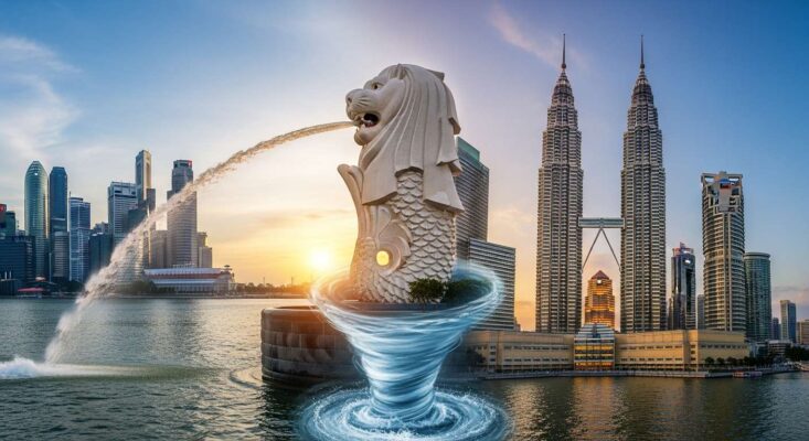 Hình ảnh kết hợp biểu tượng Merlion Singapore và Tháp đôi Petronas Malaysia, tượng trưng cho hành trình liên tuyến.