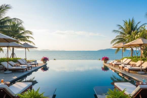Một khu resort sang trọng ở Phú Quốc với hồ bơi vô cực có tầm nhìn tuyệt đẹp hướng ra biển xanh.