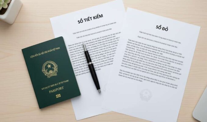 Bộ hồ sơ chứng minh tài chính xin visa Canada, gồm sổ tiết kiệm và sổ đỏ.