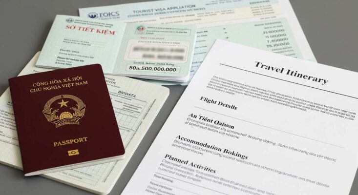 Hồ sơ chứng minh tài chính xin visa du lịch Trung Quốc (Visa L), gồm sổ tiết kiệm và lịch trình.