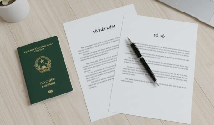 Bộ hồ sơ chứng minh tài chính mạnh xin visa Úc, gồm sổ tiết kiệm và sổ đỏ.