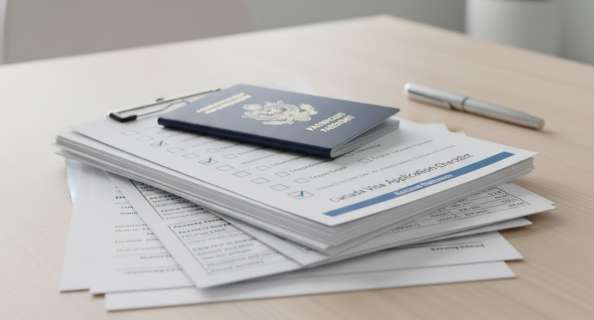 Một chồng hồ sơ gia hạn visa Canada (study permit, work permit) được sắp xếp gọn gàng, chuyên nghiệp.