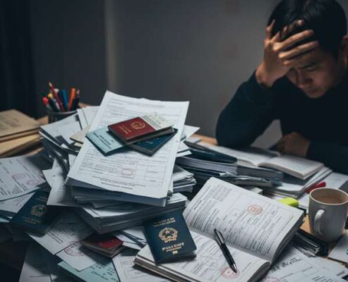 Chồng hồ sơ, giấy tờ phức tạp trên bàn làm việc, thể hiện sự khó khăn khi tự xin visa.