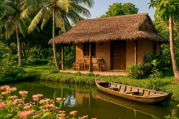 Một căn homestay kiểu nhà vườn truyền thống ở Cần Thơ, lợp mái lá, nằm giữa khu vườn cây xanh mát và yên tĩnh.