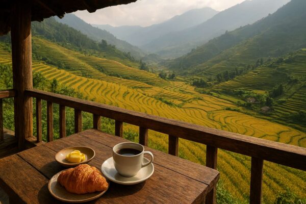 Khung cảnh ruộng bậc thang vàng óng nhìn từ một homestay ở bản Tả Van, Sa Pa.