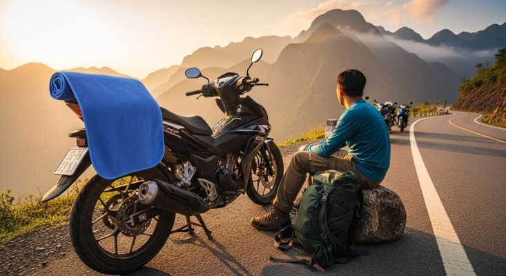Một chiếc khăn tắm microfiber đang phơi khô nhanh chóng trên tay lái xe máy của phượt thủ.