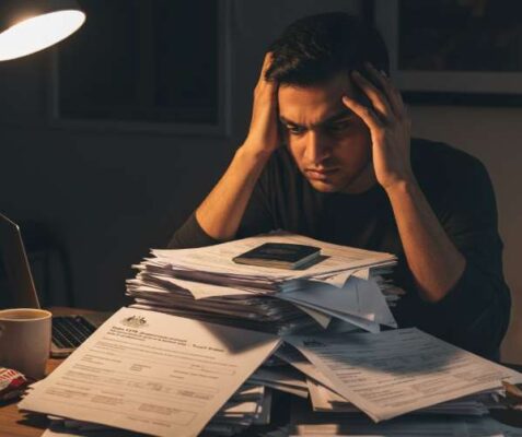 Dịch Vụ Làm Visa Du Lịch Tự Túc Úc Tại Hà Nội – Uy Tín, Chuyên Nghiệp, Có Visa Nhanh 4 Hình ảnh người dùng suy tư trước chồng hồ sơ phức tạp, tượng trưng cho thử thách khi tự xin visa du lịch Úc.