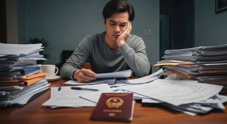 Một người căng thẳng bên chồng hồ sơ phức tạp khi tự xin visa Úc tại Hà Nội.