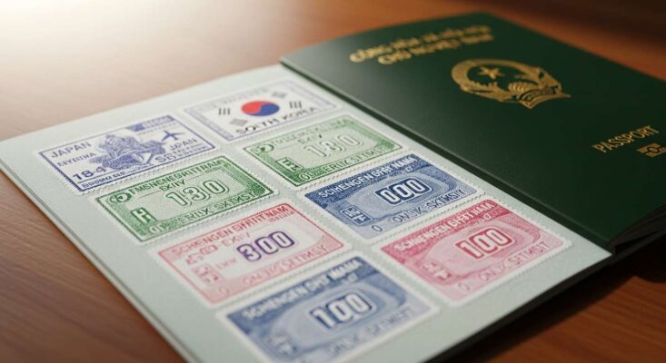 Một cuốn hộ chiếu Việt Nam có nhiều dấu mộc và visa các nước phát triển như Nhật, Hàn, Châu Âu.