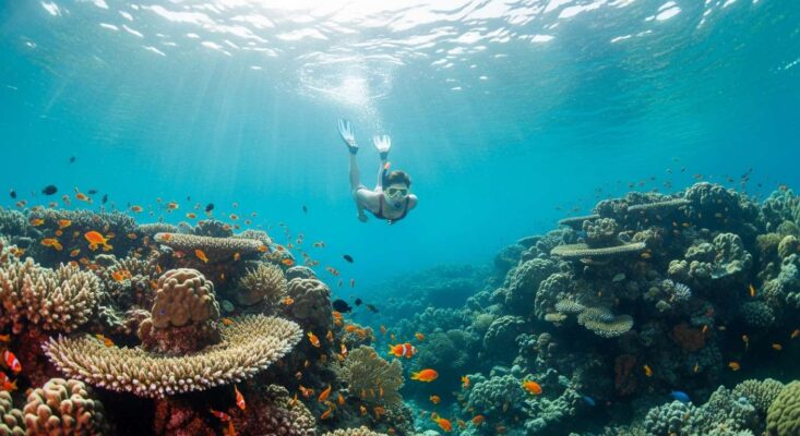 Du khách lặn biển (snorkeling) ngắm nhìn rạn san hô đầy màu sắc và cá tại Great Barrier Reef.