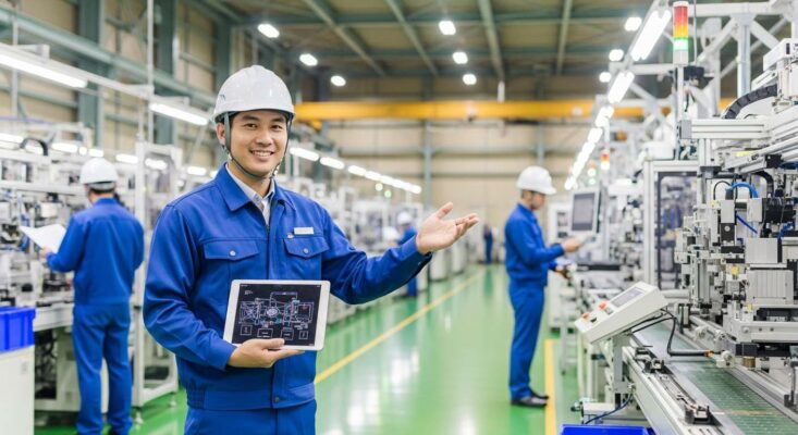 Một kỹ sư Việt Nam đang làm việc tại nhà máy hiện đại ở Nhật Bản nhờ visa lao động.