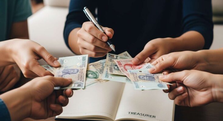 Thủ quỹ đang thu tiền mặt (Quỹ chung) từ các thành viên trong nhóm du lịch.