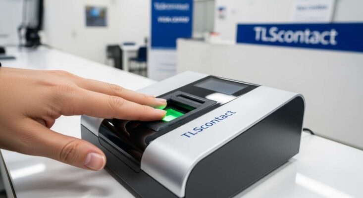 Người nộp đơn đang lấy dấu vân tay (sinh trắc học) tại trung tâm TLScontact TPHCM.