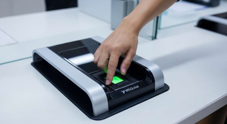 Người nộp đơn đang lấy dấu vân tay (sinh trắc học) tại trung tâm VFS Global TPHCM.
