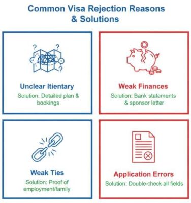 Infographic 4 lý do phổ biến khiến hồ sơ visa Đức bị từ chối và giải pháp khắc phục từ dịch vụ chuyên nghiệp.
