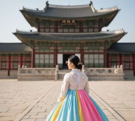 Một bạn nữ trẻ mặc Hanbok truyền thống màu sắc rực rỡ đang đứng chụp ảnh tại Cung điện Gyeongbokgung, Seoul.