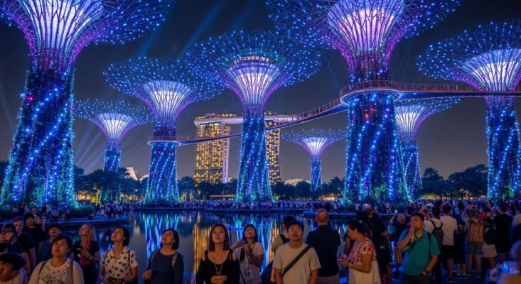 Màn trình diễn âm thanh ánh sáng Garden Rhapsody huyền ảo tại các Siêu cây (Supertree) ở Gardens by the Bay.