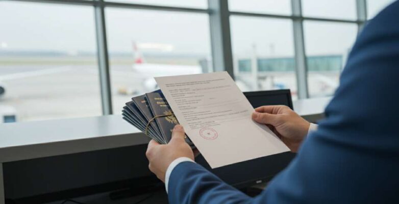 Hình ảnh trưởng đoàn cầm tờ visa đoàn (visa rời A4) và hộ chiếu của các thành viên tại sân bay.