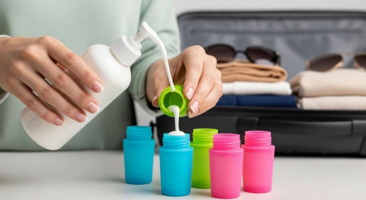 Du khách đang chiết dầu gội, sữa tắm từ chai lớn sang bộ chiết mỹ phẩm du lịch nhỏ gọn.