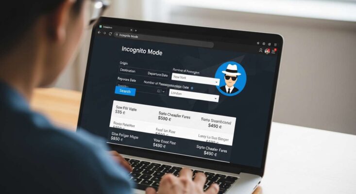 Một người đang sử dụng trình duyệt ẩn danh (Incognito Mode) trên laptop để tìm vé máy bay.