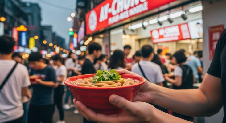 Du khách đang cầm bát mì sợi Ay-Chung (A Tông Miến Tuyến) nóng hổi tại Ximending.