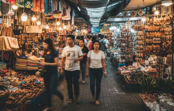 Một góc chợ Chatuchak đầy màu sắc ở Bangkok với các gian hàng quần áo và đồ thủ công mỹ nghệ
