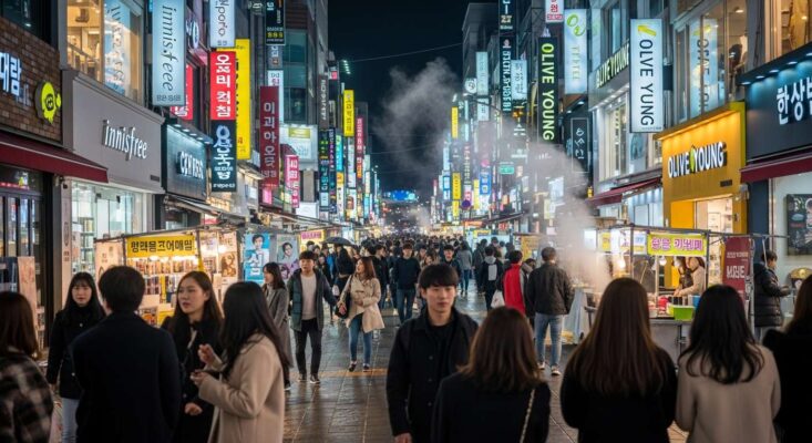 Phố mua sắm Myeongdong, Seoul, tấp nập với các cửa hàng mỹ phẩm rực rỡ ánh đèn.