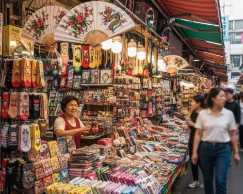 Một quầy hàng tại chợ truyền thống Namdaemun, Seoul, bày bán nhiều đồ lưu niệm, rong biển và vớ (tất) Hàn Quốc.