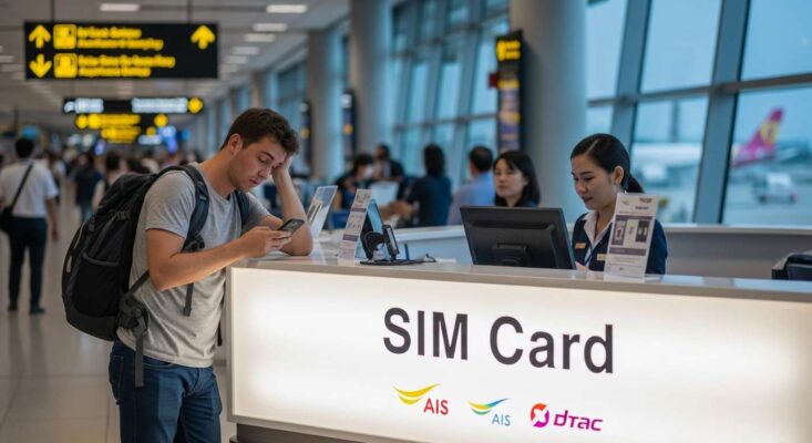 Du khách xếp hàng chờ mua SIM 4G tại quầy bán SIM ở sân bay nước ngoài.