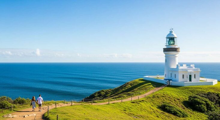 Toàn cảnh ngọn hải đăng Cape Byron trắng nổi bật trên vách đá, nhìn ra Thái Bình Dương xanh biếc.