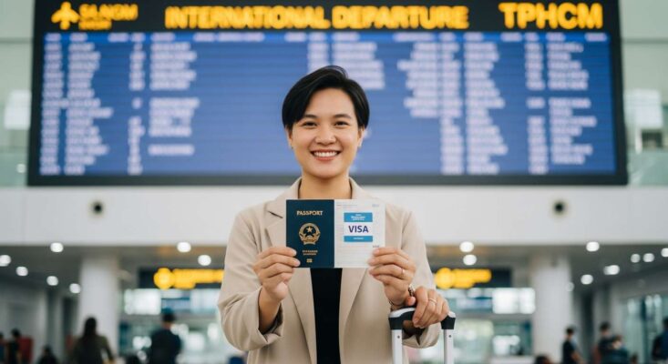 Dịch vụ Visa Lao Động Đài Loan TPHCM 2026 - Tỷ Lệ Đậu Trên 98% 6 Người lao động vui mừng cầm hộ chiếu có visa Đài Loan tại sân bay Tân Sơn Nhất, TPHCM.