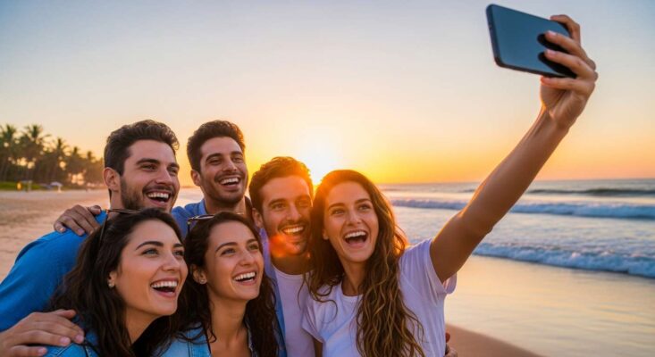 Một nhóm bạn trẻ đang cười rạng rỡ và cùng nhau chụp ảnh selfie trên một bãi biển đẹp.