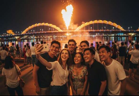 Một nhóm bạn trẻ đang vui vẻ chụp ảnh selfie, phía sau là Cầu Rồng Đà Nẵng đang phun lửa rực rỡ vào ban đêm