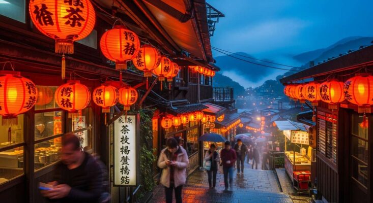 Dịch Vụ Visa Du Lịch Tự Túc Đài Loan Tại Hà Nội – Thủ Tục Đơn Giản, Nhận Visa Chỉ Sau Vài Ngày 5 Khung cảnh huyền ảo của phố cổ Cửu Phần (Jiufen) Đài Loan về đêm với đèn lồng đỏ.