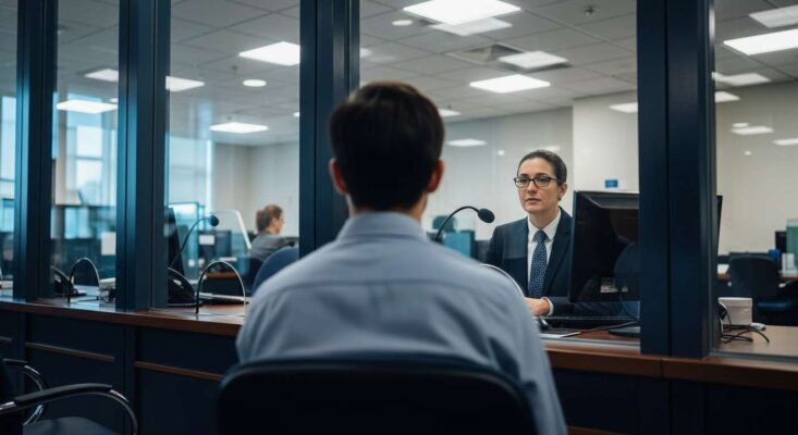 Đương đơn đang tham gia phỏng vấn xin visa Mỹ với viên chức Lãnh sự tại Lãnh sự quán TPHCM.