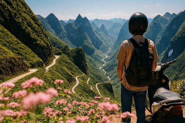 Một phượt thủ đứng bên xe máy trên đỉnh đèo, nhìn ra khung cảnh núi non hùng vĩ và cung đường uốn lượn của Hà Giang.