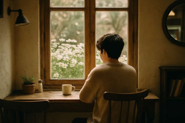Một chàng trai ngồi bên khung cửa sổ quán cafe Túi Mơ To, nhìn ra vườn cúc họa mi trắng tinh khôi.