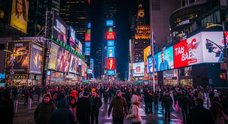 Cảnh đêm Quảng trường Thời Đại New York đông đúc người, với các bảng hiệu neon khổng lồ, rực rỡ chiếu sáng toàn bộ khu vực, tạo hiệu ứng chói lóa.