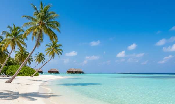 Bãi biển thiên đường Maldives với làn nước trong xanh màu ngọc bích và bãi cát trắng mịn, minh họa cho chuyến du lịch Maldives tiết kiệm.
