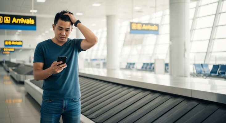 Hướng Dẫn Mua Bảo Hiểm Du Lịch Nước Ngoài Toàn Tập (A-Z) 6 Du khách mệt mỏi đứng chờ tại băng chuyền hành lý trống ở sân bay, minh họa rủi ro thất lạc hành lý.