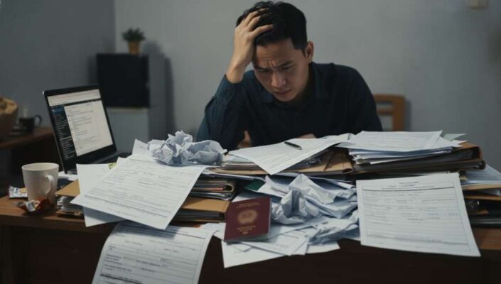 Dịch vụ Visa Lao Động Đài Loan TPHCM 2026 - Tỷ Lệ Đậu Trên 98% 5 Người lao động căng thẳng vì thủ tục hồ sơ xin visa lao động Đài Loan phức tạp.